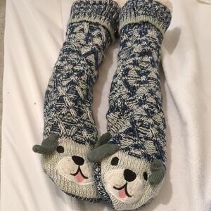 Blue and White Knit Dog Slipper Socks